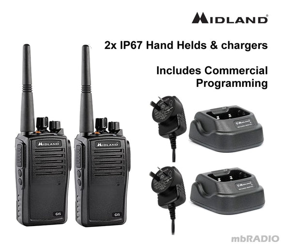 2x MIDLAND G15A 16CH 5 WATT COMMERCIAL UHF IP67 HANDHELD 450-520MHz