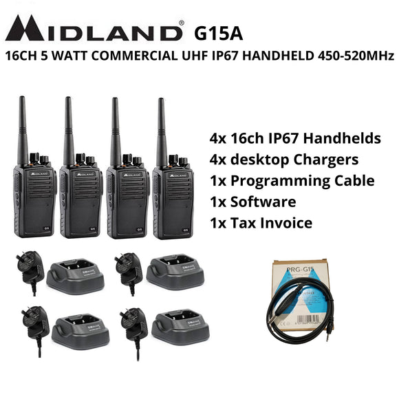 4x MIDLAND G15A 16CH 5 WATT COMMERCIAL UHF IP67 HANDHELD 450-520MHz